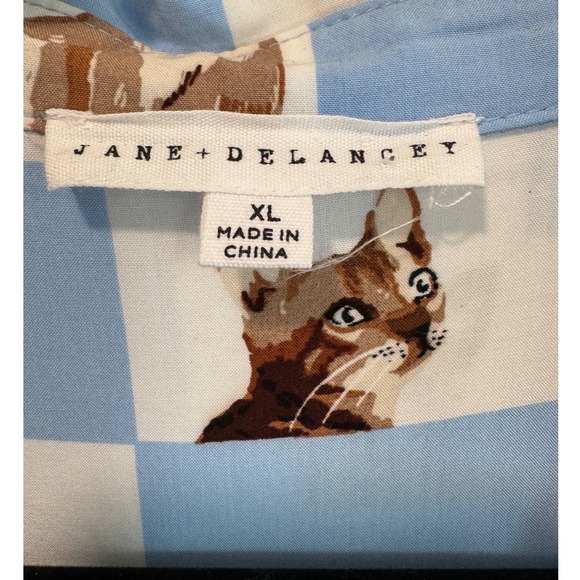 Jane + Delancey Women XL Blue White Checkered Cat Print Rayon Button Down Shirt - Picture 2 of 7
